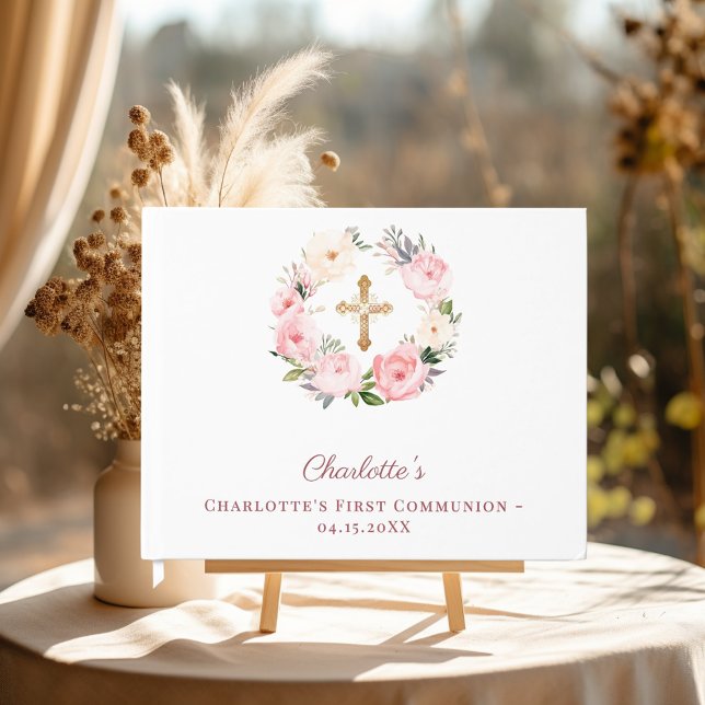 Livro De Visitas First Communion floral wreath pink girl (Criador carregado)