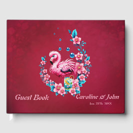 Livro De Visitas Flamingo elegante com flores tropicais.