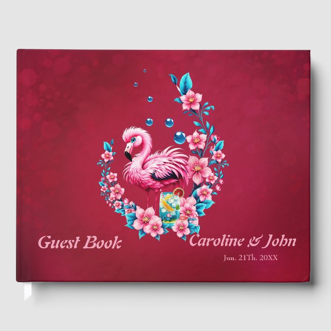 Livro De Visitas Flamingo elegante com flores tropicais. (Frente)