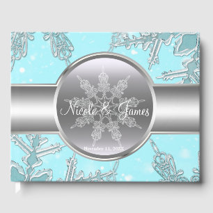 Livro De Visitas Flocos de Neve Prata Azul Inverno Mágico