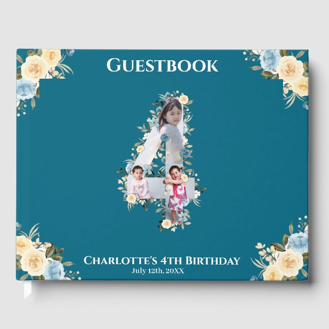 Livro De Visitas Flor 4º Aniversário Colagem de Fotos Teais Azul Am (Frente)