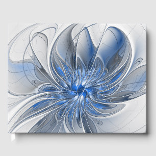 Livro De Visitas Flor de Arte Fractal em Aquarela Azul Cinza Abstra