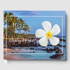 Livro De Visitas Flor de Plumeria Branca com Praia Tropical, Casame