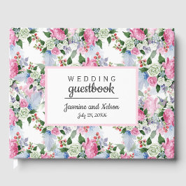 Livro De Visitas Flor Personalizada Boho Cor-de-Rosa Azul Branco Ca