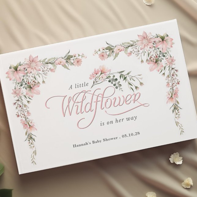 Livro De Visitas Flor selvagem e verde, chá de menina elegante (watercolor pink flower and greenery, little wildflower themed baby girl shower guest book.)
