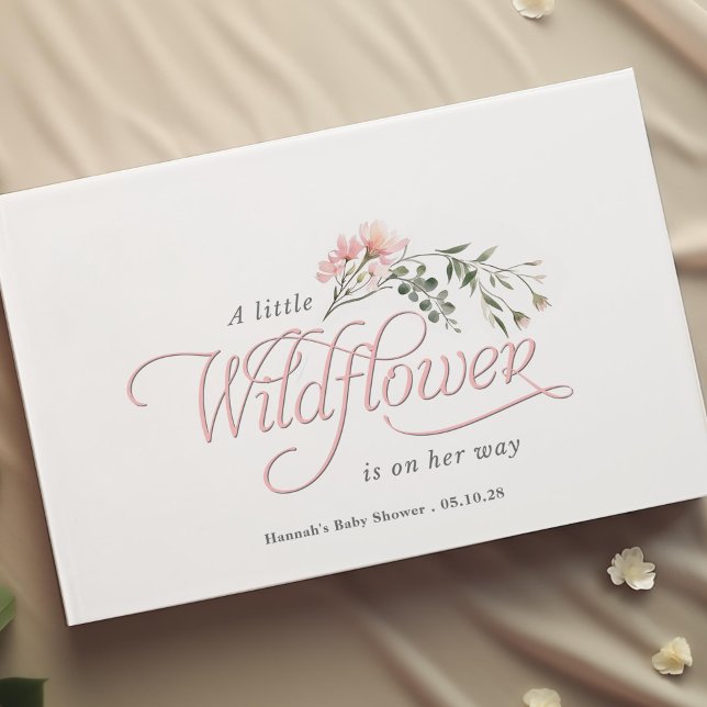Livro De Visitas Flor silvestre rosa elegante, simples chá de menin (Simple elegant calligraphy, little wildflower themed baby girl shower guest book.)