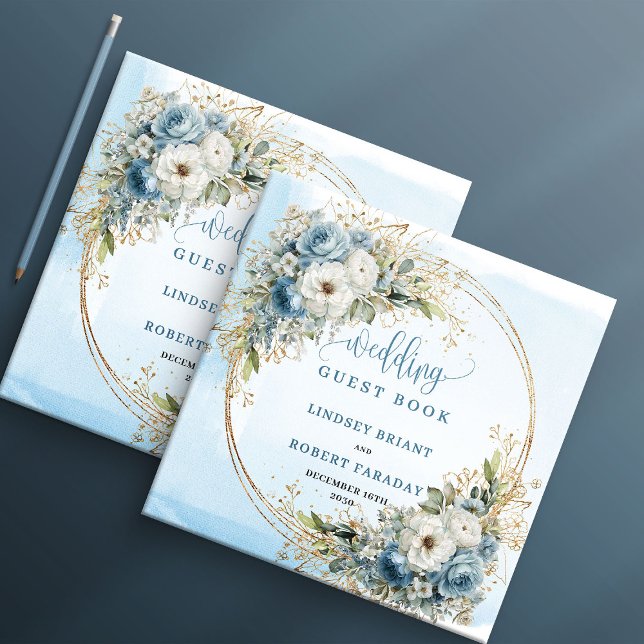 Livro de Visitas Floral Azul Claro Boêmio com Bril (Bohemian Light Blue Floral Gold Glitter Guest Book

)