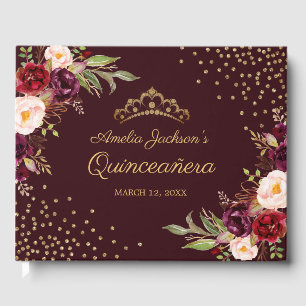 Livro De Visitas Floral Burgundy Sparkle Quinceanera