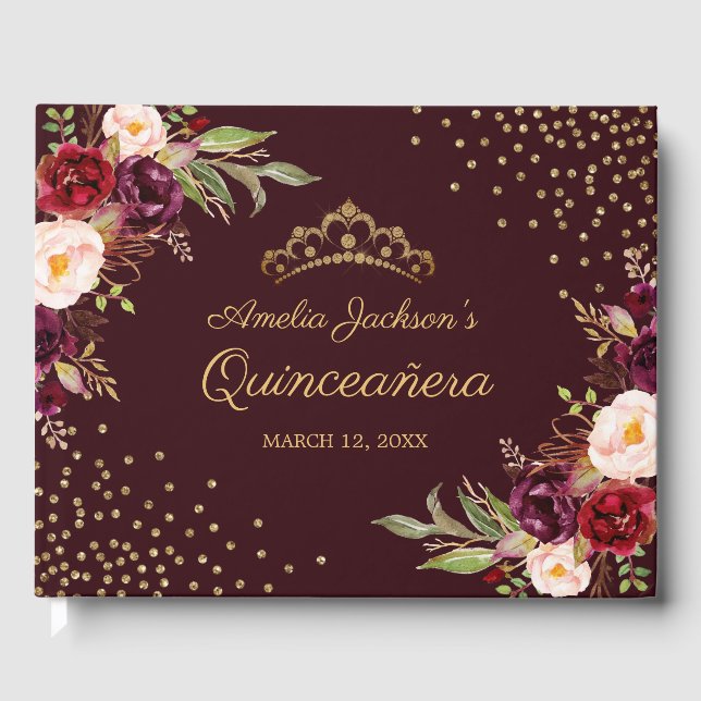 Livro De Visitas Floral Burgundy Sparkle Quinceanera (Frente)