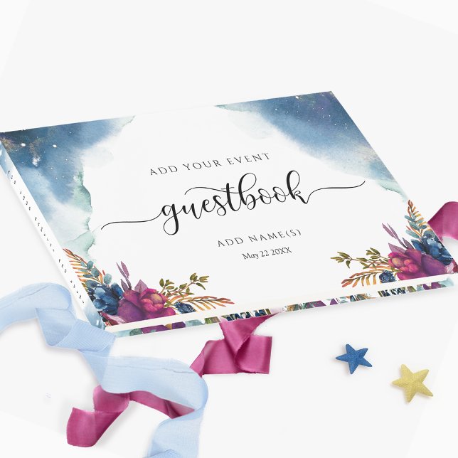 Livro De Visitas Floral Celestial, Starry Blue Teal e Purple (Criador carregado)