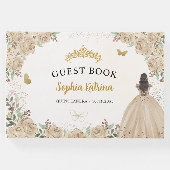 Livro De Visitas Floral Dourada Glitter Princesa Quinceanera Guestb (Frente)