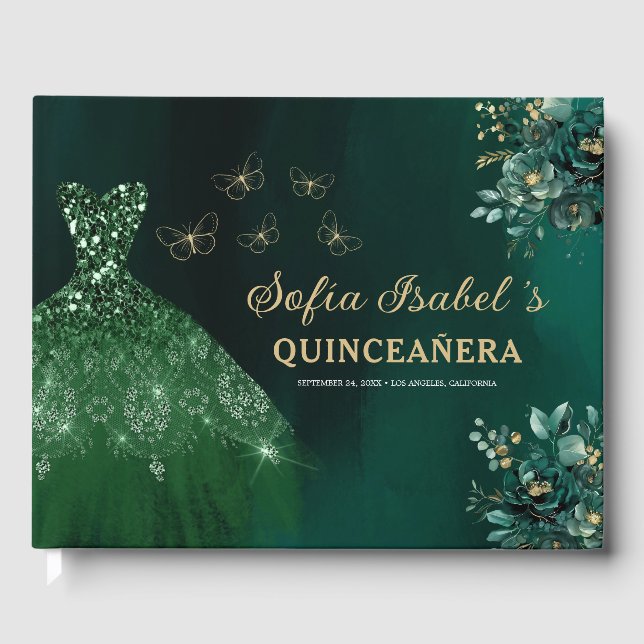 Livro De Visitas Floral Emerald Green Dress Birthday Quinceanera (Frente)