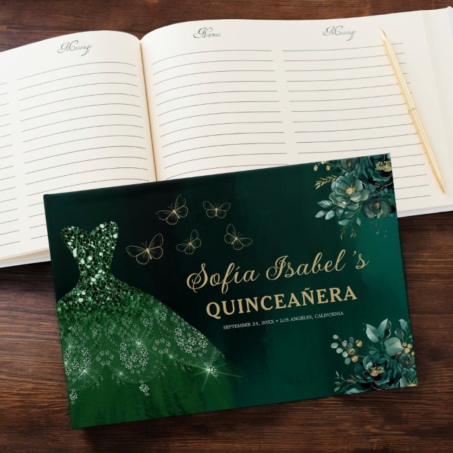Livro De Visitas Floral Emerald Green Dress Birthday Quinceanera (Criador carregado)