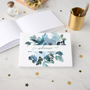 Livro De Visitas Floral personalizado em aquarela azul e turquesa