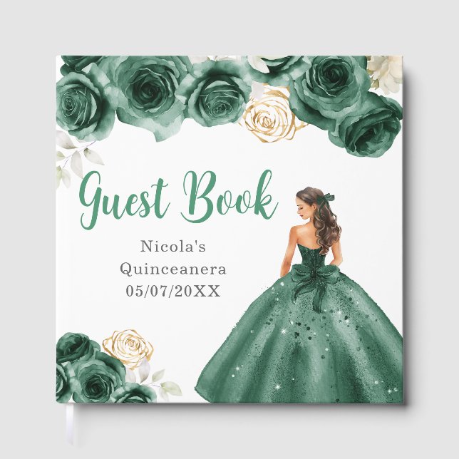 Livro De Visitas Floral Princess in Dark Green Dress Quinceanera (Frente)