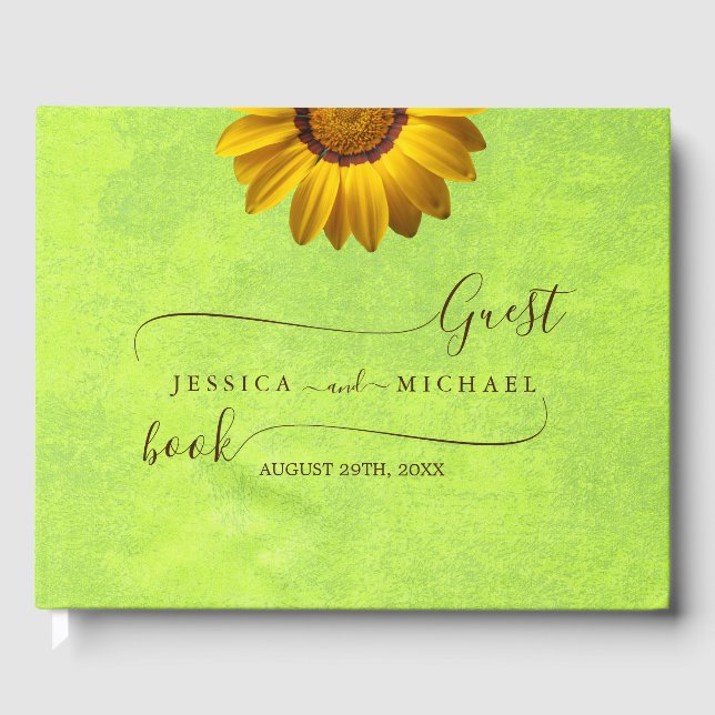 Livro De Visitas Flores Amarelas em Casamento Abstrato Verde (Frente)