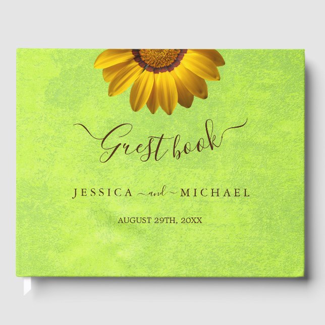 Livro De Visitas Flores Amarelas no Casamento Verde Abstrato (Frente)