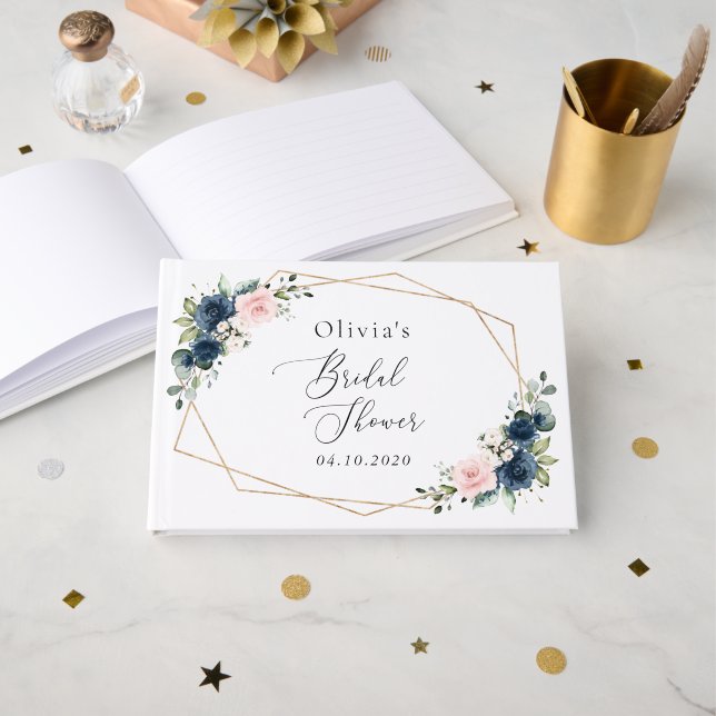 Livro De Visitas Flores Azuis marinhos, Flores Rosa, Chá de panela (Frente aberta)