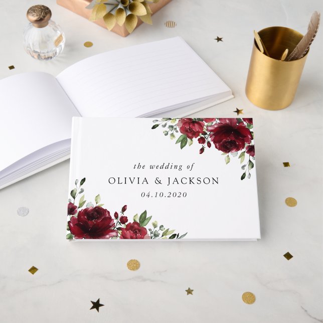 Livro De Visitas Flores Borgonhetas, Flores Vermelhas, Casamento Fl (Frente aberta)