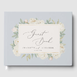 Livro De Visitas Flores brancas de aquarela, azul claro Guestbook