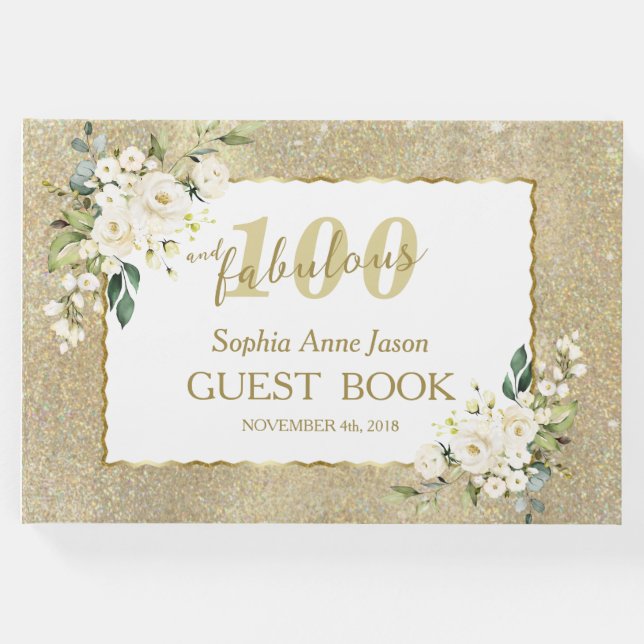 Livro De Visitas Flores brancas Douradas 100 e Festa de aniversário (Frente)