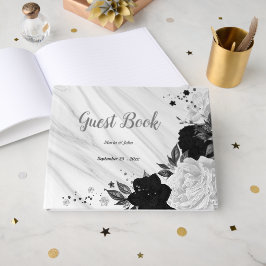 Livro De Visitas flores brancas e pretas cinza mármore botânico