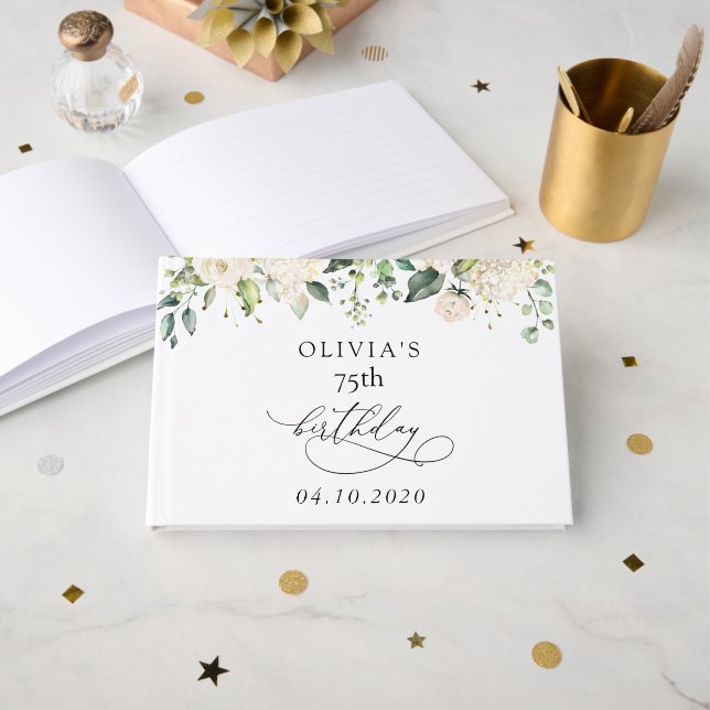 Livro De Visitas Flores Brancas, Flores Creme, Boho, Aniversário (Frente aberta)