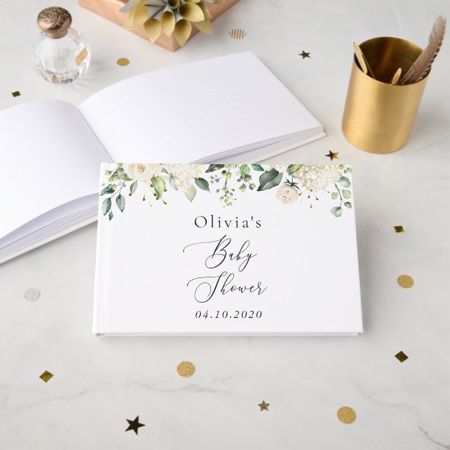 Livro De Visitas Flores brancas, Flores de Creme, Boho, Chá de fral (Frente aberta)