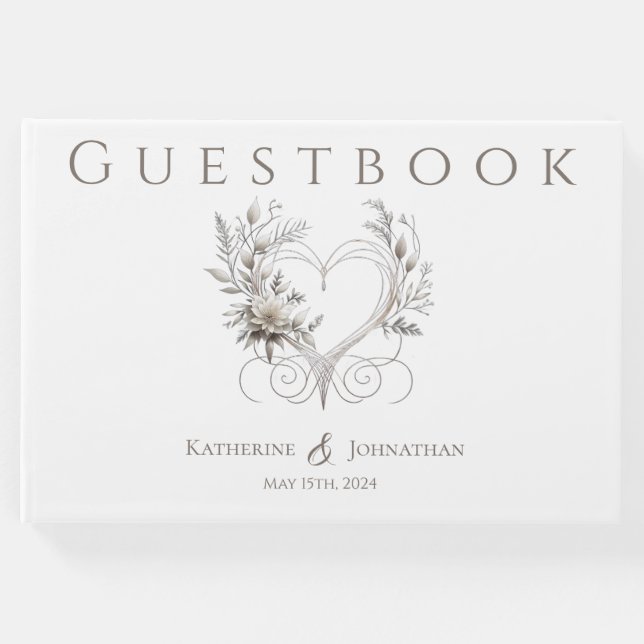 Livro De Visitas Flores Brancas Modernas com Casamento Cardíaco (Frente)