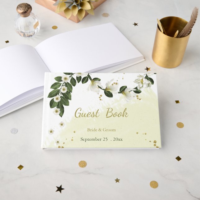 Livro De Visitas flores brancas românticas e douradas verdes (Frente aberta)