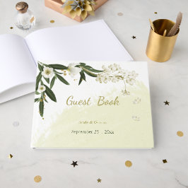 Livro De Visitas flores brancas românticas e douradas verdes