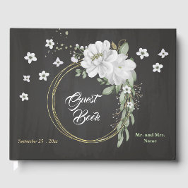 Livro De Visitas flores brancas verde-dourado fundo preto