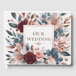 Livro De Visitas Flores cor-de-rosa e azuis com Rosas Borgonhetas