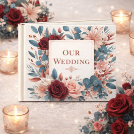 Livro De Visitas Flores cor-de-rosa e azuis com Rosas Borgonhetas