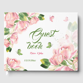 Livro De Visitas flores cor-de-rosa folhas verdes borboletas