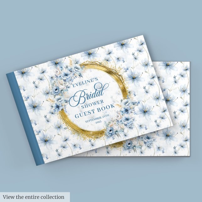 Livro De Visitas Flores de Aquarela com Brilho Dourado Pálido Azul  (Pale Blue Gold Glitter Watercolor Flowers Bridal Guest Book)