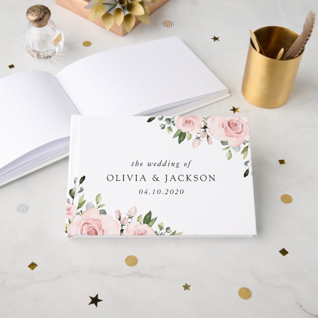 Livro De Visitas Flores De Blush, Flores Rosa, Verde, Casamento (Frente aberta)