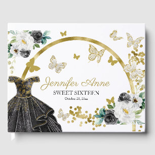 Livro De Visitas Flores de Borboleta Sweet 16 Vestido Preto Dourado