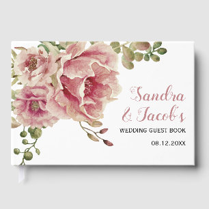 Livro De Visitas Flores de cor d'água rosa, casamento de tipografi