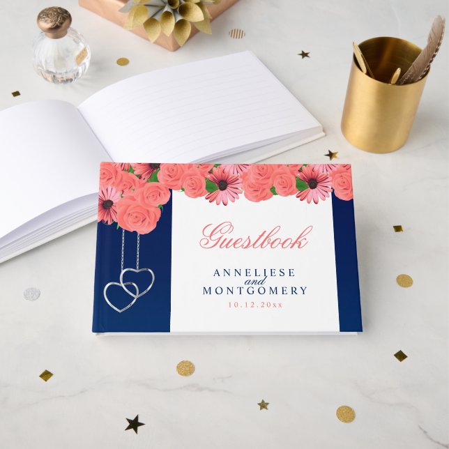 Livro De Visitas Flores de coral e Marinho azul (Frente aberta)