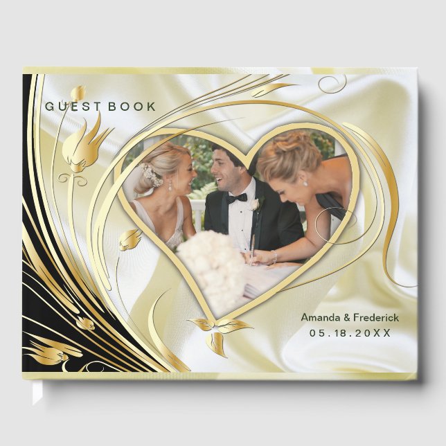 Livro De Visitas Flores de prata ou Abstrato Douradas em - Seda e A (Frente)