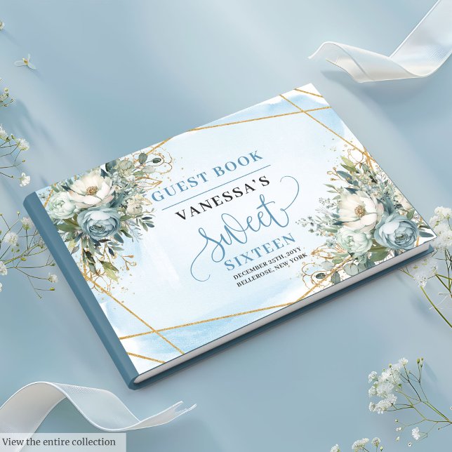 Livro De Visitas Flores Douradas Brancas Azuis de Pastel Chic Doce  (Chic Pastel Blue White Gold Flowers Sweet Sixteen Guest Book)