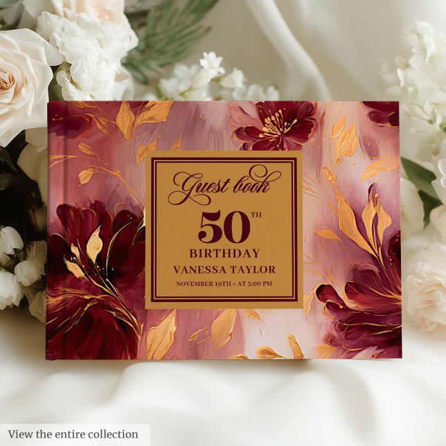 Livro De Visitas Flores Douradas Clássicas Burgundy Blush 50º (Classic Boho Burgundy Blush Gold Flowers 50th Day)