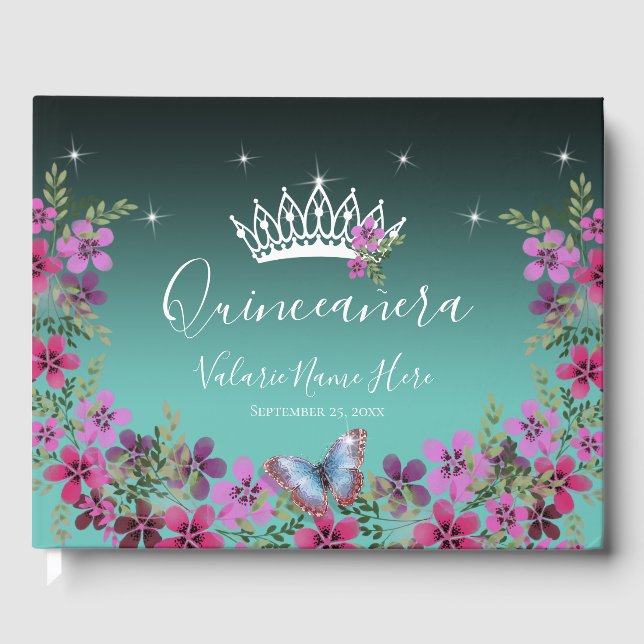 Livro De Visitas Flores e Borboleta Princesa Quinceanera Azul (Frente)