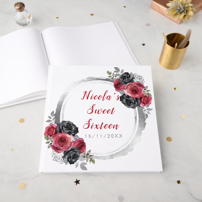 Livro De Visitas Flores Elegantes Vermelhas e Prateadas Doce Dezess (Frente aberta)