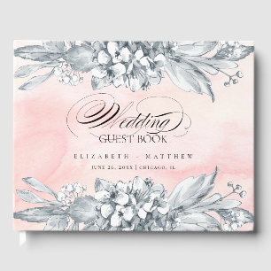Livro De Visitas Flores Esboçadas Casamento Cor de Água Rosa