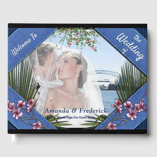 Livro De Visitas Flores Gráficas Rosa na textura do tecido Azul (Frente)