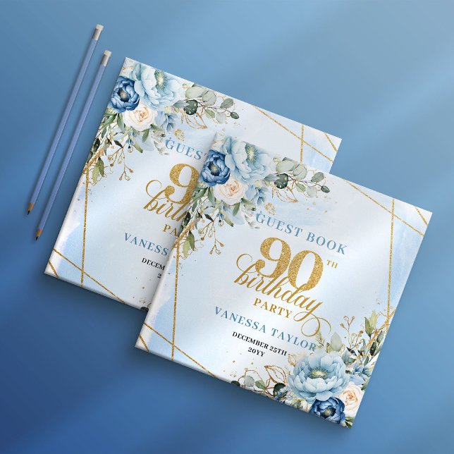Livro De Visitas Flores Modernas em Azul Empoeirado Script 90º Aniv (Modern Dusty Blue Flowers Script 90th Birthday Guest Book

)