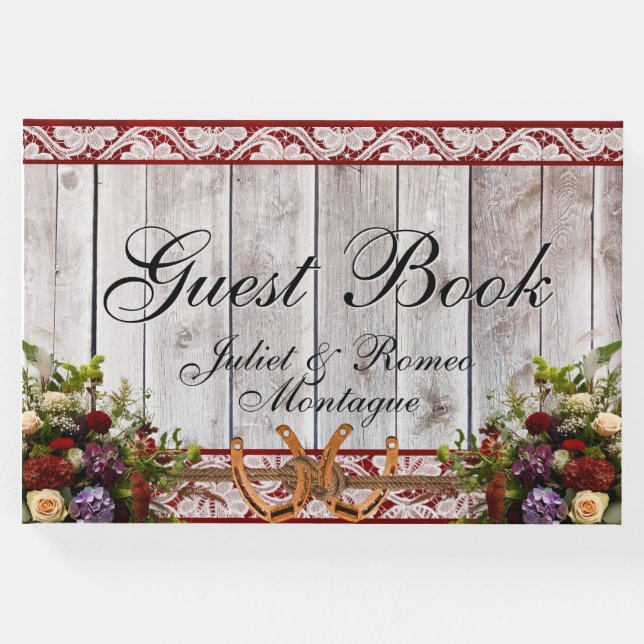 Livro De Visitas Flores, rendas e ferraduras, Friso Vermelho (Frente)