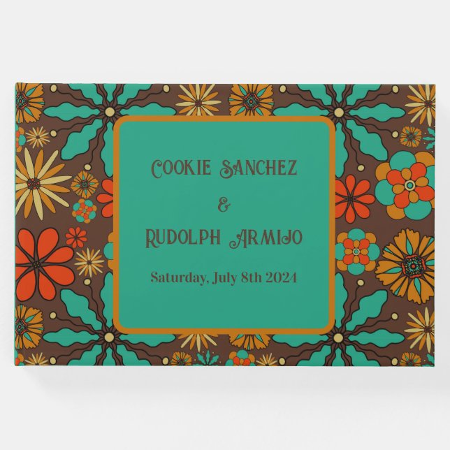Livro De Visitas Flores Retro Marrom Teal Vermelho floral psicodéli (Frente)